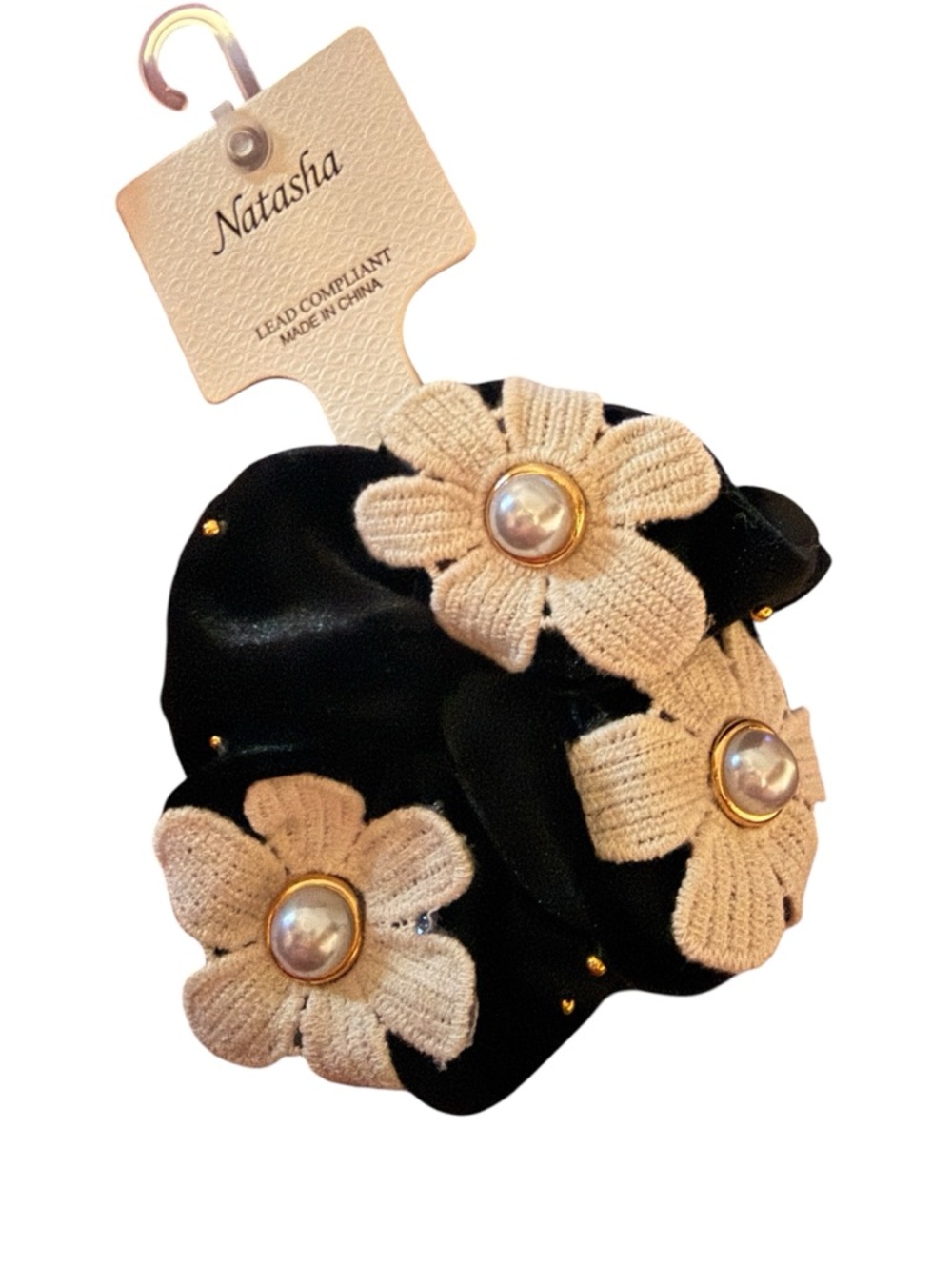 Natasha Couture Black Velvet Scrunchie with Cream Blossom Pearls